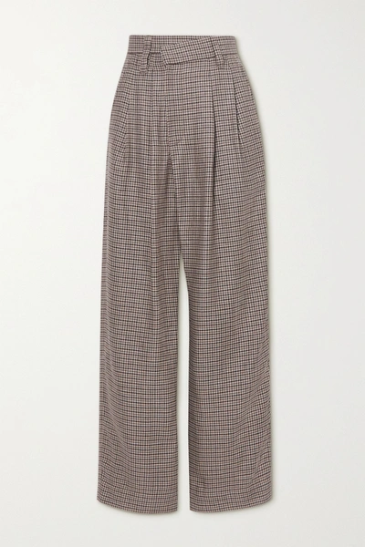 Brunello Cucinelli Pleated Houndstooth Linen, Wool And Silk-blend Wide-leg Trousers In Brown