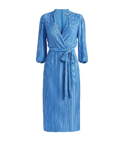 Alice And Olivia Katina Belted Wrap-effect Plissé-satin Midi Dress In Blue