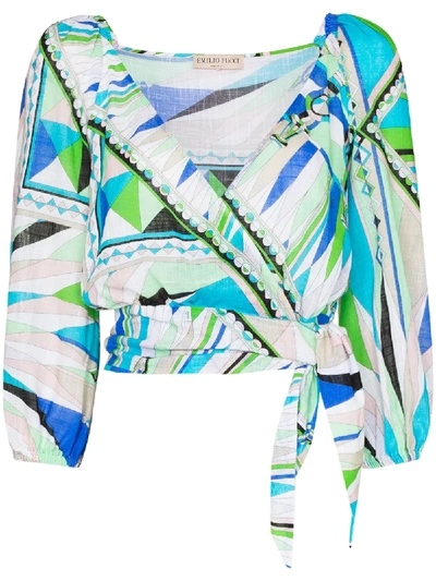 Emilio Pucci Bes-print Wrap-front Cotton-canvas Cropped Top In Green