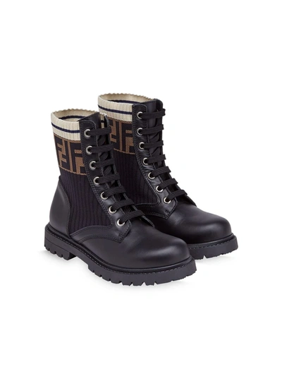 FENDI FF MOTIF LACE-UP LEATHER BOOTS