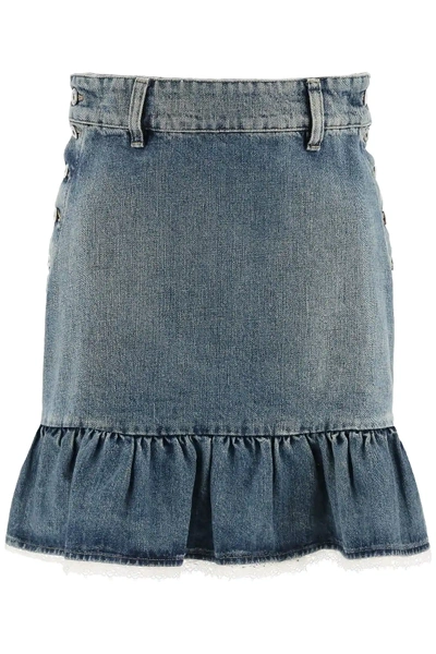 Miu Miu Denim Mini Skirt With Lace Trim In Blue