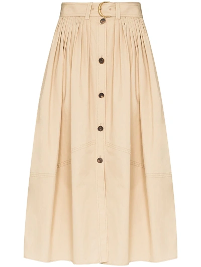 Chloé Belted Pleated Poplin Midi Skirt In Brown