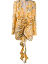 Magda Butrym Belted Ruched Floral-print Silk-satin Jacquard Mini Dress In Yellow