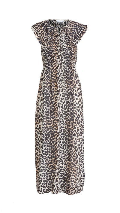 Ganni Leopard-print Cotton And Silk Midi Dress In Multicolour