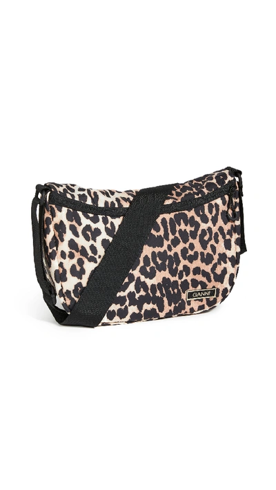 Ganni Recycled Tech Fabric Front Zip Shoulder Bag In Leopard