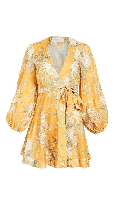 Zimmermann Amelie Long Sleeve Floral Linen Wrap Dress In Yellow