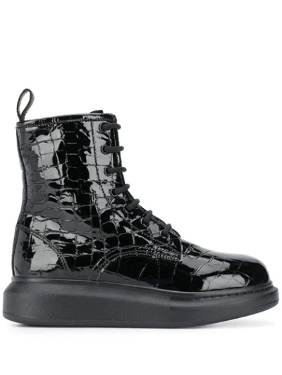 Alexander Mcqueen Croc-effect Patent-leather Exaggerated-sole Ankle Boots In Black