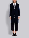 THOM BROWNE THOM BROWNE NAVY OVERWASHED WOOL CASHMERE CARDIGAN STITCH TONAL 4-BAR LONG V-NECK CARDIGAN,FKC339A0581214832103