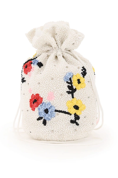Ganni Hand-beaded Floral Drawstring Pouch In Egret