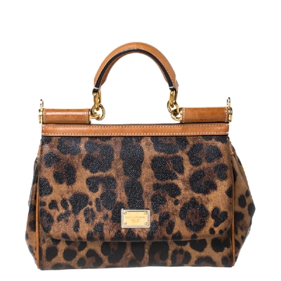 Pre-owned Dolce & Gabbana Brown Leopard Print Coated Canvas And Leather Miss Sicily Top Handle Bag
