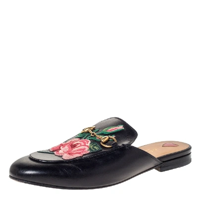 Pre-owned Gucci Black Leather Princetown Flower Embroidered Flat Mules Size 37