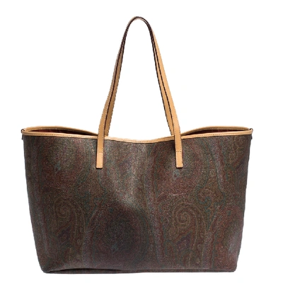 Pre-owned Etro Brown Paisley Printed Coated Canvas And Leather Shopper Tote