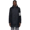 THOM BROWNE NAVY DOWN 4-BAR QUILTED HOODED COAT