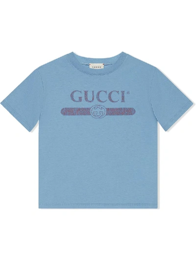 Gucci Kids' Logo Vintage Print Cotton Jersey T-shirt In Blue