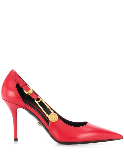 Versace Safety-pin Pointed Leather Pumps In Red