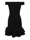 Alexander Mcqueen Off-the-shoulder Ruffled Ribbed Stretch-knit Mini Dress In Black