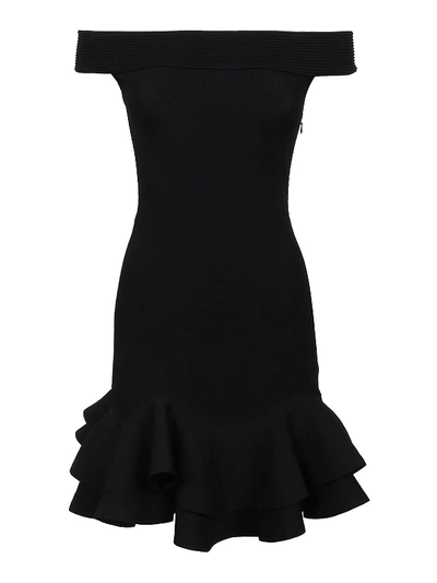 Alexander Mcqueen Off-the-shoulder Ruffled Ribbed Stretch-knit Mini Dress In Black