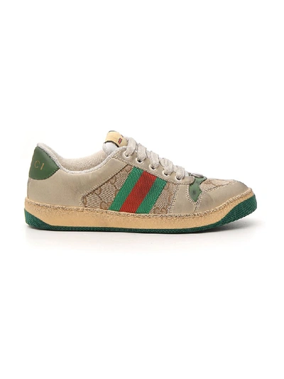 Gucci Screener Embellished Canvas-trimmed Distressed Leather Sneakers In Light Beige