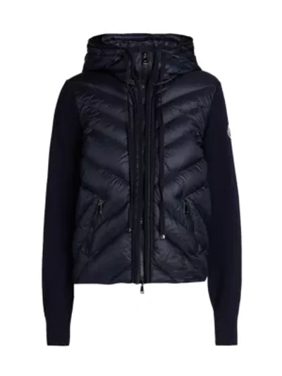 Moncler Hooded Nylon Down Combo Knit Sweater In Navy