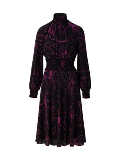 Akris Punto Sashiko Floral Long Sleeve Silk Dress In Black Neon Pink