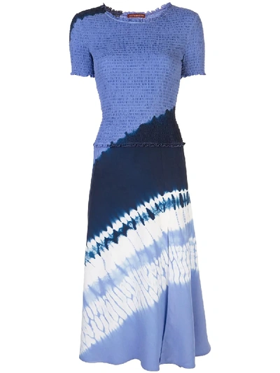 Altuzarra Shirred Tie-dyed Silk Crepe De Chine Midi Dress In Blue