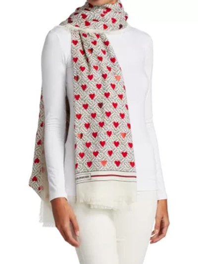 Burberry Tb Monogram & Heart Cashmere Scarf In White