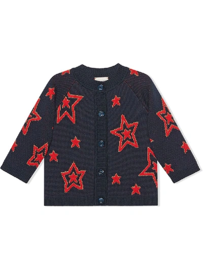 Gucci Kids' Star提花羊毛和金属丝面料开衫 In Red/blue