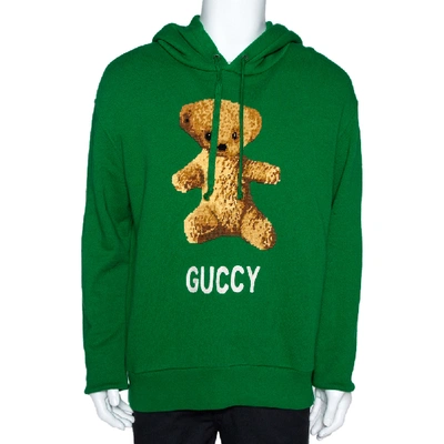 Pre-owned Gucci Green Cotton Jersey Guccy Embroidered Teddy Bear Hoodie M