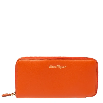 Pre-owned Ferragamo Orange Leather Zip Continental Wallet