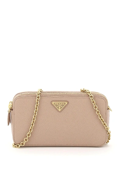 Prada Double Zip Chain Mini Bag In Pink,beige