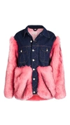 Natasha Zinko Oversized Faux-fur Denim Jacket In Denim/pink