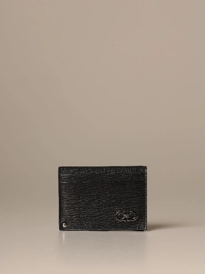 Ferragamo Gancini Leather Card Holder In Black