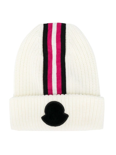 Moncler Kids' Tri-colour Stripe Logo Beanie In White