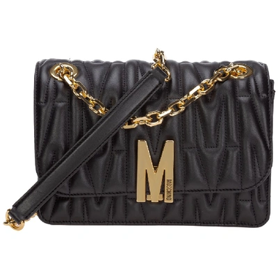 Moschino Logo Plaque Quilted Shoulder Bag In Black