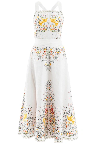 Zimmermann Carnaby Floral-embroidered Linen Midi Dress In White,yellow,green