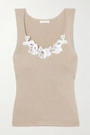 CHLOÉ GUIPURE LACE-TRIMMED RIBBED COTTON TANK