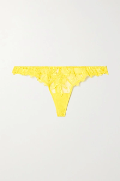 Fleur Du Mal Lily Satin-trimmed Embroidered Stretch-tulle Thong In Yellow