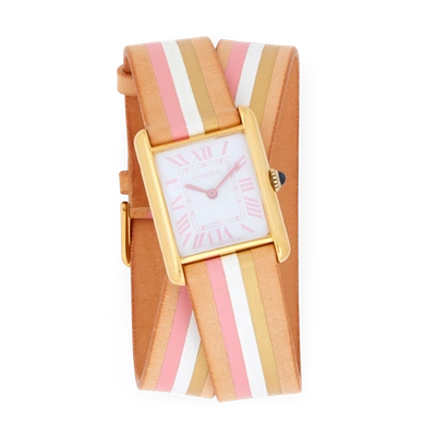 La Californienne Large Cartier Tank Wrap Strap Watch In Blanc/flamingo/dawn