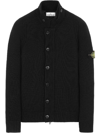 Stone Island Ribbed Detail Buttoned Cardigan In Black