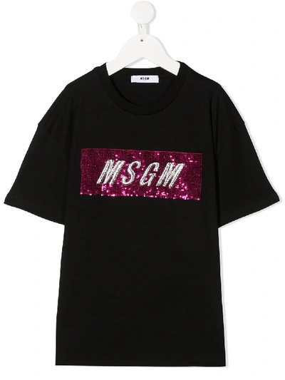 Msgm Kids' Sequin Logo T-shirt In Black