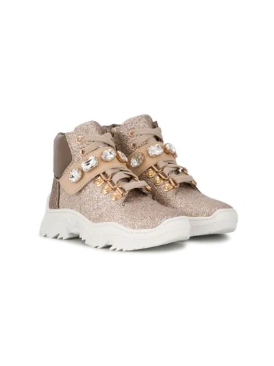 Monnalisa Kids' Stone-embellished Ankle Boots In Gold