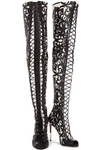 BALMAIN CAMPBELL LACE-UP LEATHER-TRIMMED STRETCH-SUEDE THIGH BOOTS,3074457345622764676