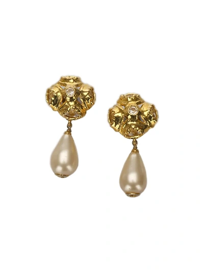 Pre-owned Chanel Pearl Pendant Clip-on Earrings In Gold