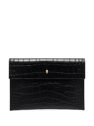 Alexander Mcqueen Croc Effect Envelope Clutch Bag In Black