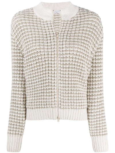 Brunello Cucinelli Lurex Waffle-knit Zipped Cardigan In Neutrals