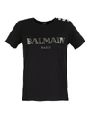 BALMAIN BLACK T-SHIRT FEATURING LOGO PRINT AND BUTTONS