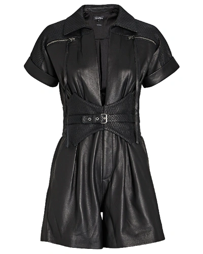 Retroféte Susan Belted Zip-detailed Quilted Leather Playsuit In Black