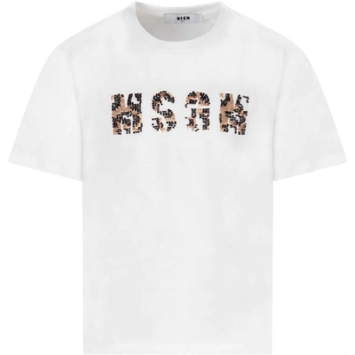 Msgm Kids' White T-shirt For Girl With Sequined Logo