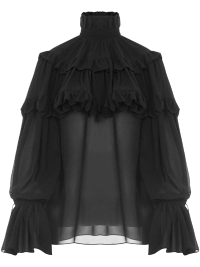 Saint Laurent Ruffled Tiered Silk-chiffon Blouse In Black