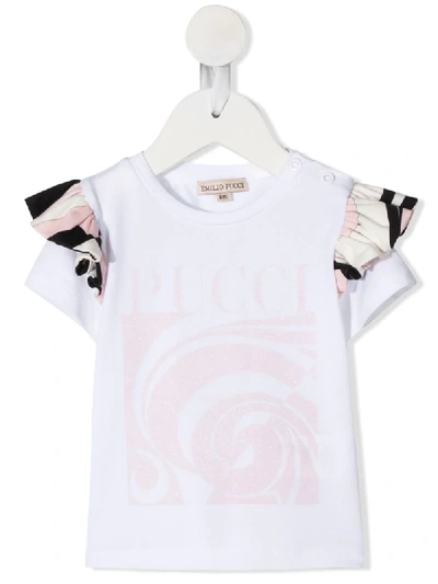 Emilio Pucci Junior Babies' Graphic Print Ruffled Sleeve T-shirt In White